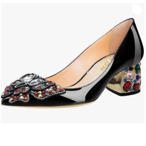 YDN Black Pointed Toe Bow Pump Colorful Rhinestone Block Low Heel Butterfly Shoe